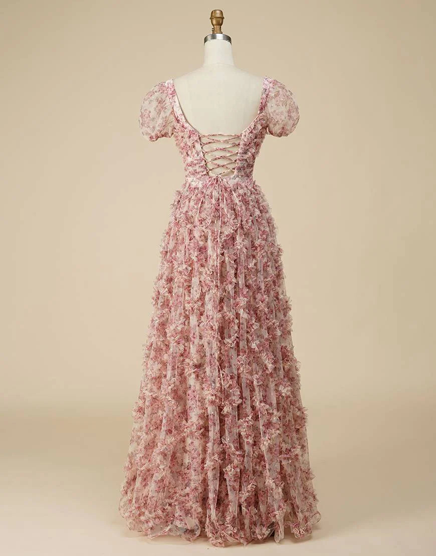 Floral Square Neck Long Prom Dress with Print