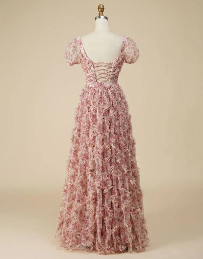 Floral Square Neck Long Prom Dress with Print
