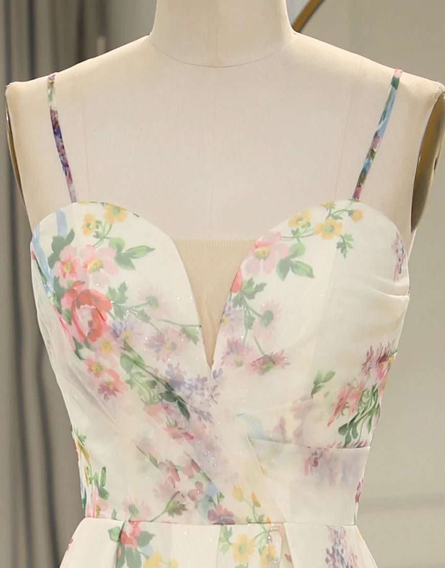 A-Line Spaghetti Straps Print Long Prom Dress With Split