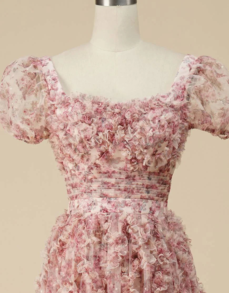 Floral Square Neck Long Prom Dress with Print