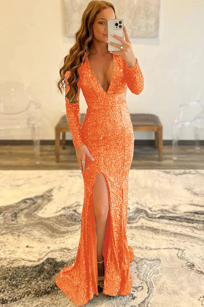 Sheath Mermaid Sequins Low V-Neck Long Sleeves Prom Dress