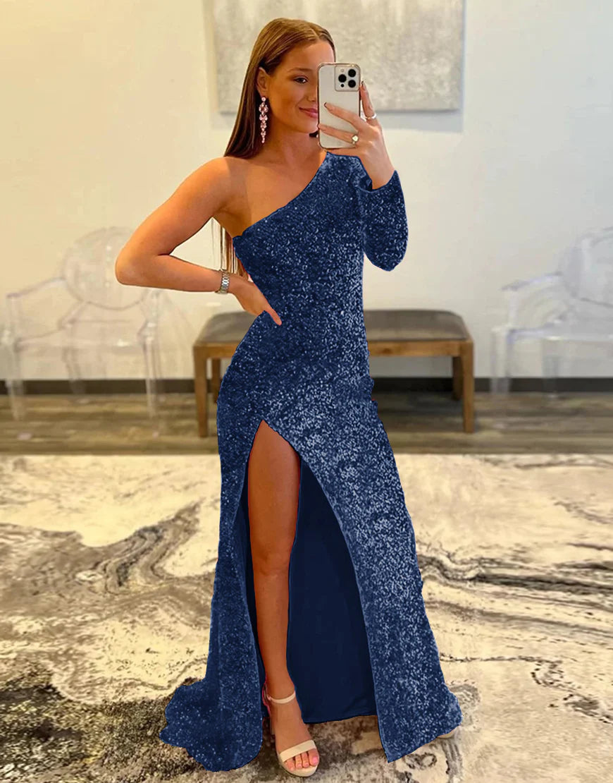 Sheath One Shoulder Sequins Prom Dress With Slit