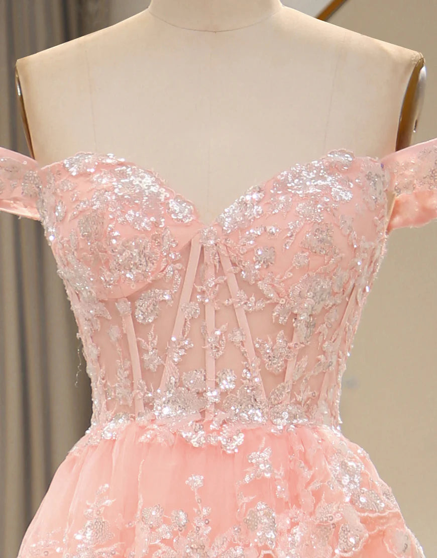 A Line Off the Shoulder Long Layers Prom Dress with Appliques