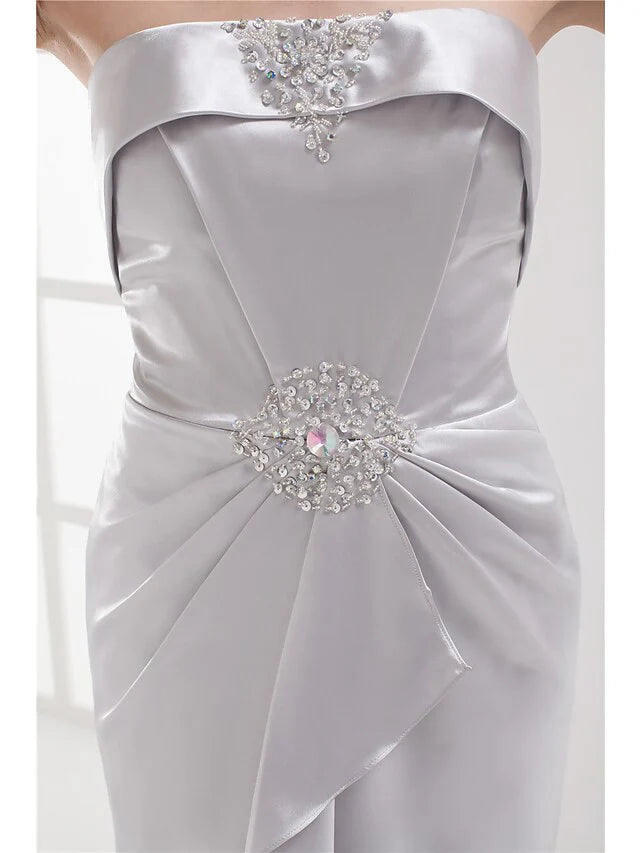 Elegant Cocktail Party Dress Strapless Sleeveless Knee Length Stretch Satin with Beading