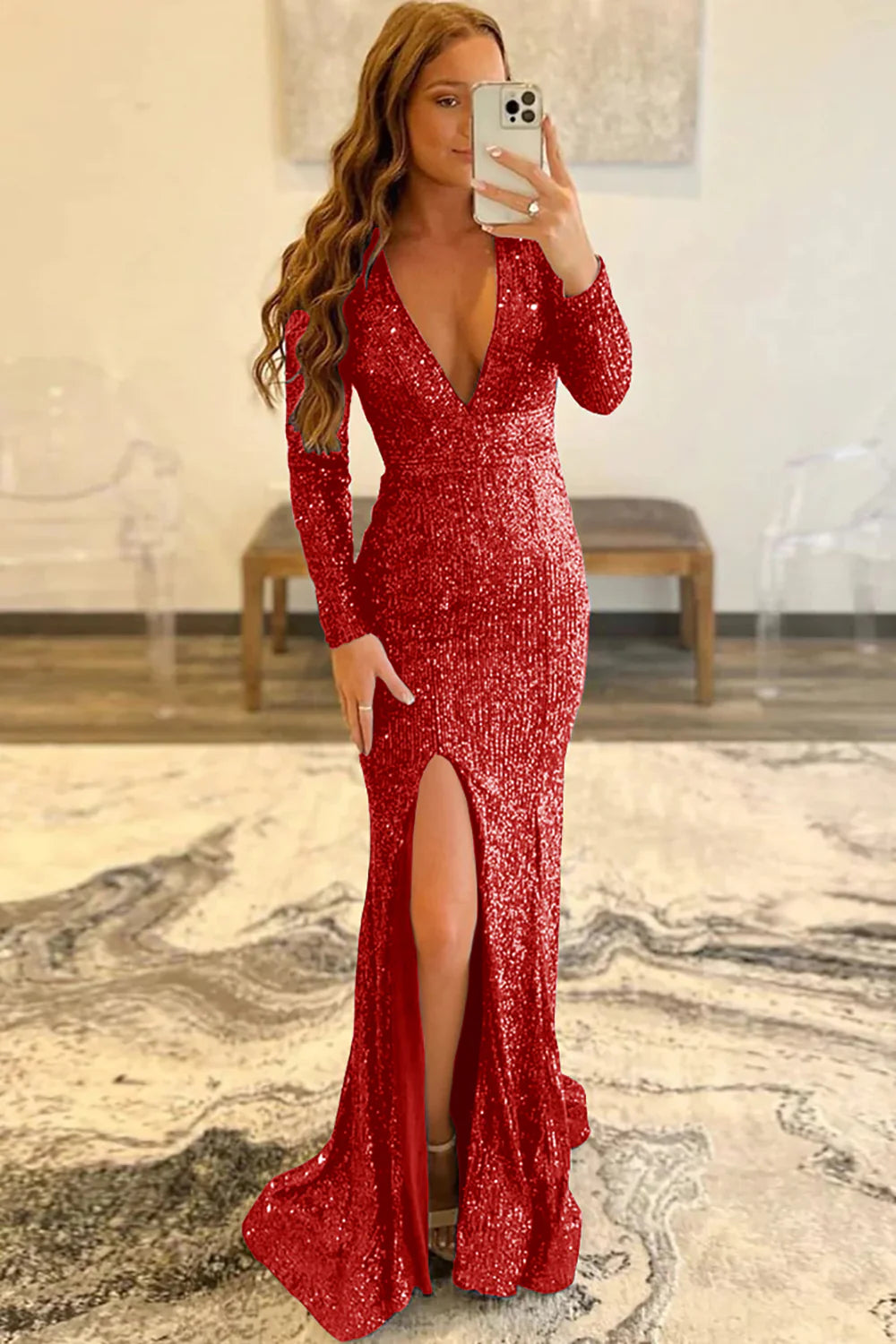 Sheath Mermaid Sequins Low V-Neck Long Sleeves Prom Dress