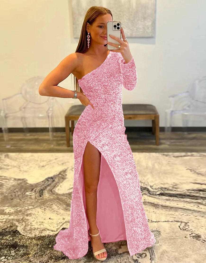 Sheath One Shoulder Sequins Prom Dress With Slit