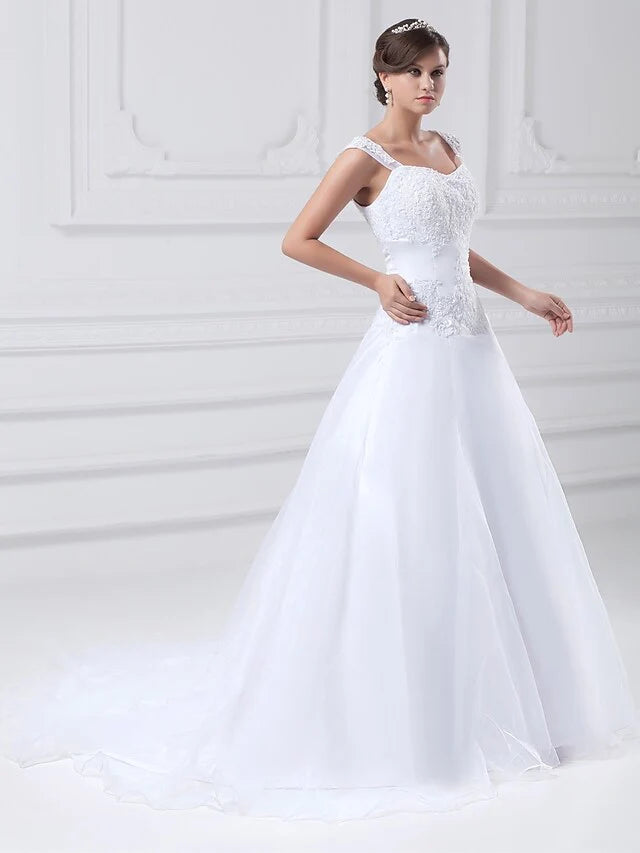 A-Line Wedding Dresses Square Neck Chapel Train Lace Organza Satin Regular Straps with Beading Appliques