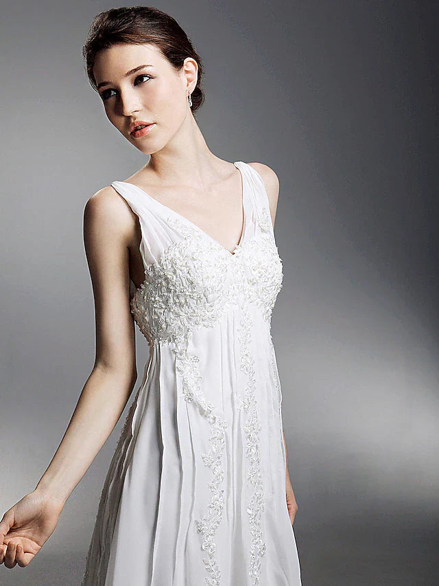 Princess A-Line Wedding Dresses V Neck Chapel Train Chiffon Sleeveless
