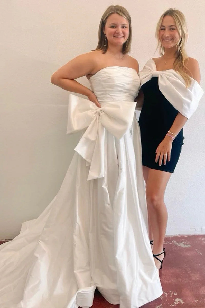 A-Line Strapless Sweep/Brush Train Dresses Light Blue Satin Long Prom Dress with Bow