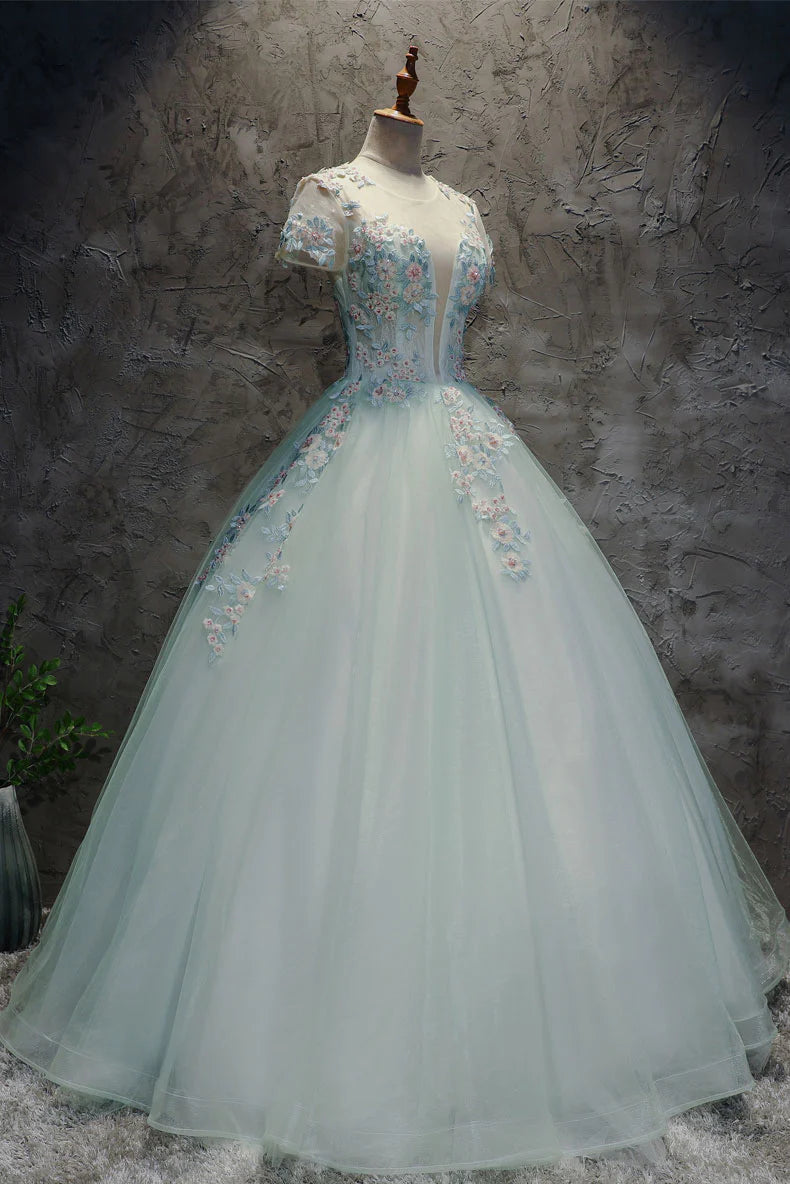 Ball Gown Prom Dresses Floral Dress Quinceanera Unique Light Green Tulle Lace Long Prom Dress Sweet 16 Dress