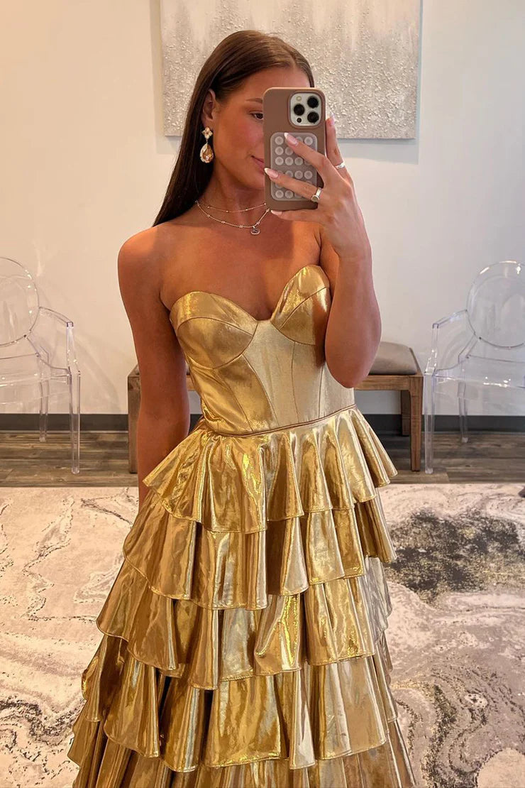 A Line Strapless Gold Ruffle Tiered Satin Long Prom Dress