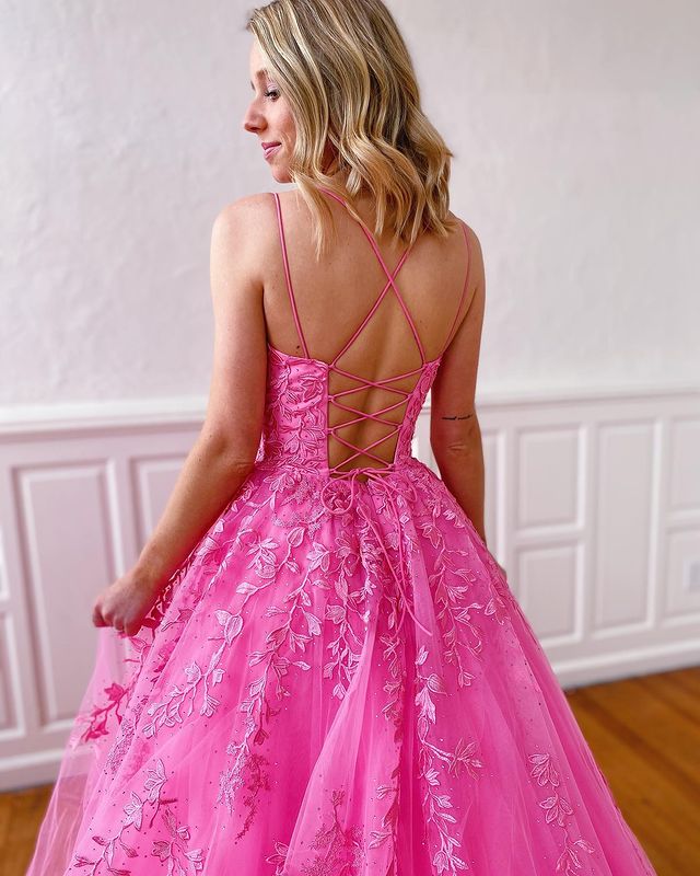 A Line Spaghetti Straps Scoop Neck Hot Pink Tulle Long Prom Dresses with Appliques Beautiful