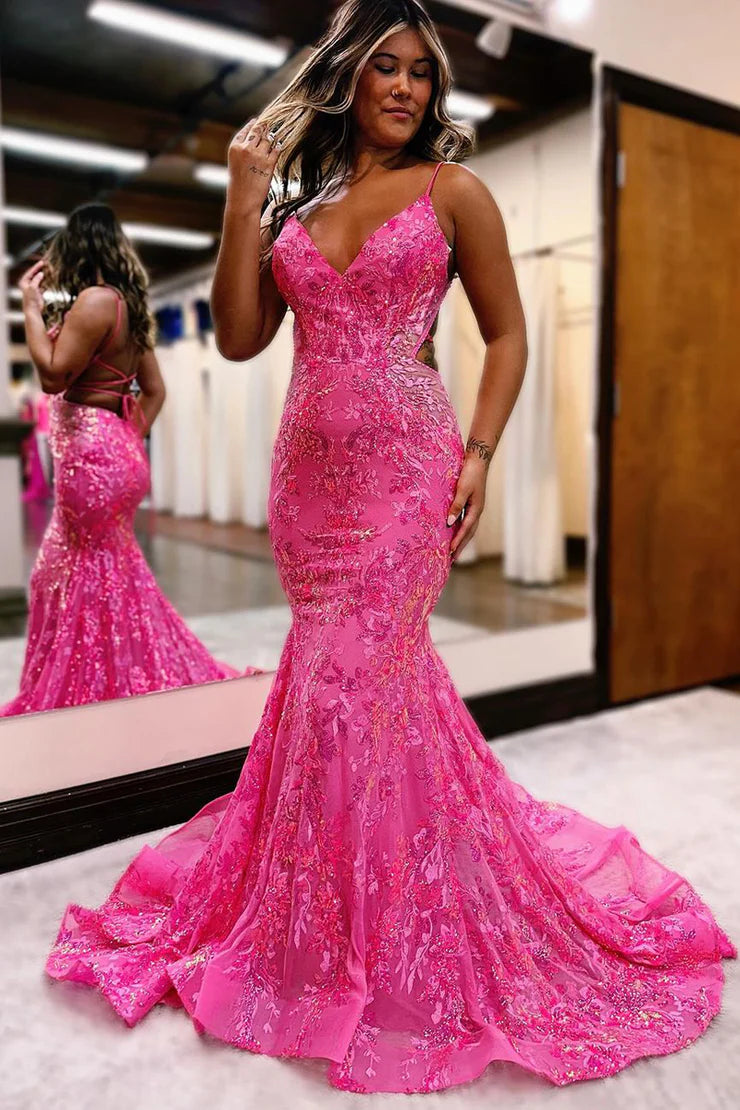 Sheath/Mermaid Spaghetti Straps V Neck Sequins Lace Prom Dresses