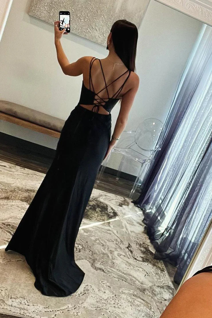 Mermaid Spaghetti Straps V Neck Black Satin Long Prom Dresses with Beading