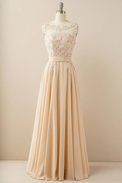 Chiffon Floor Length Beaded Bateau Prom Dress With Appliques