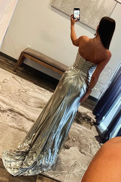 Mermaid Beading Strapless Silver Satin Long Prom Dress with Slit