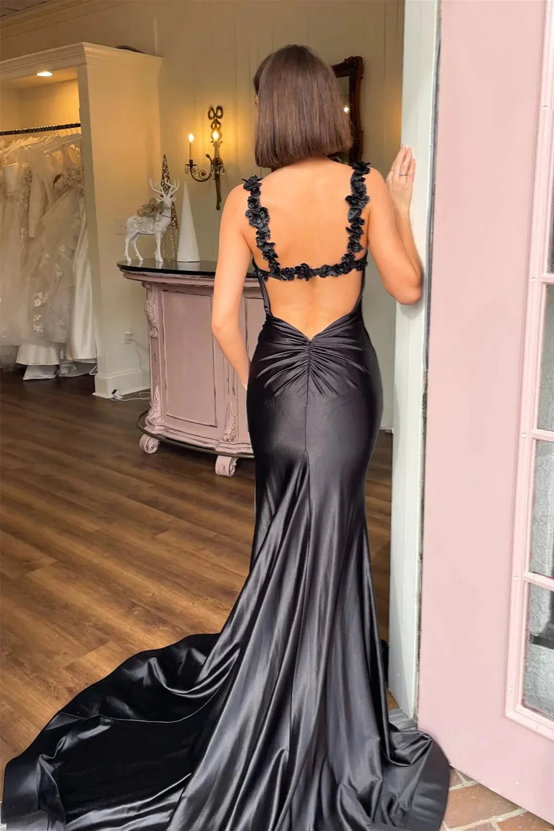 Black Floral Straps Mermaid Long Prom Dress with Slit Sexy Evening Dress