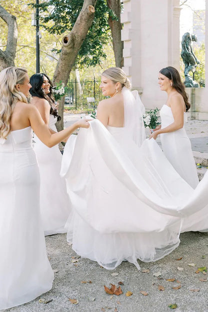 Mermaid Strapless White Satin Long Bridesmaid Dresses