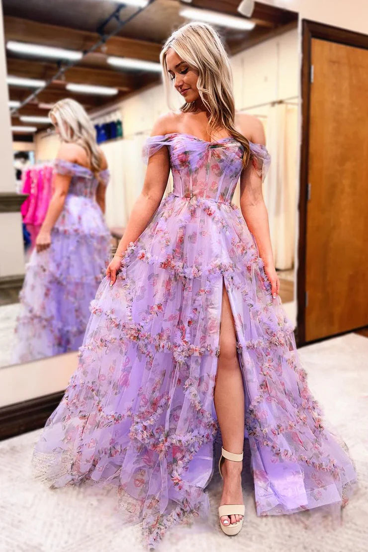 A Line Off the Shoulder Floral Printed Long Prom Dress with Slit Beautiful