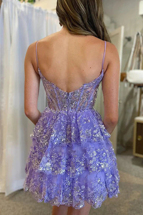 A Line Lilac Short Graduation Dress Spaghetti Straps Homecoming Dress with Lace Ruffles