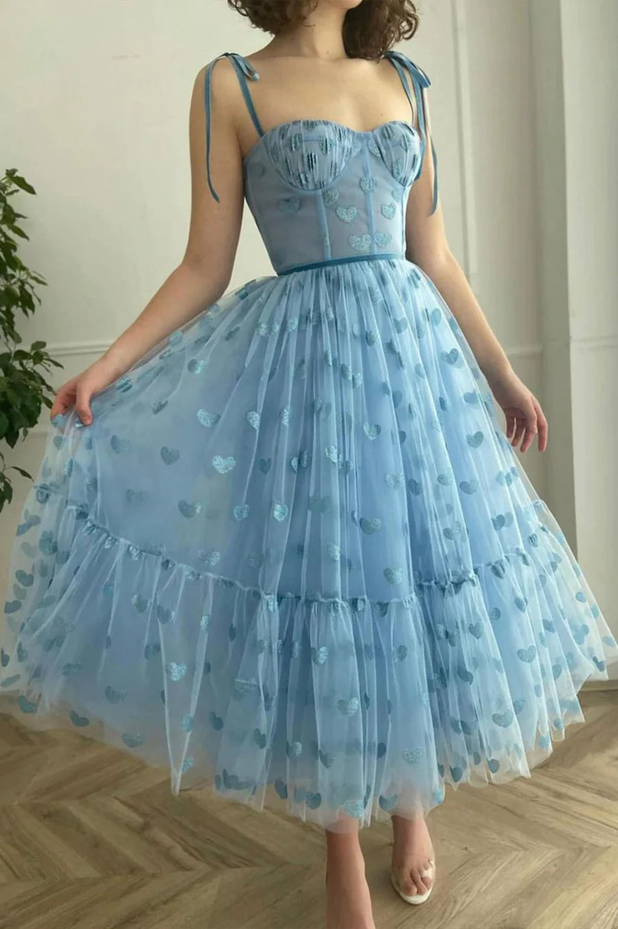 A-Line Tulle Spaghetti Straps Prom Dresses Blue  Short Party Dress