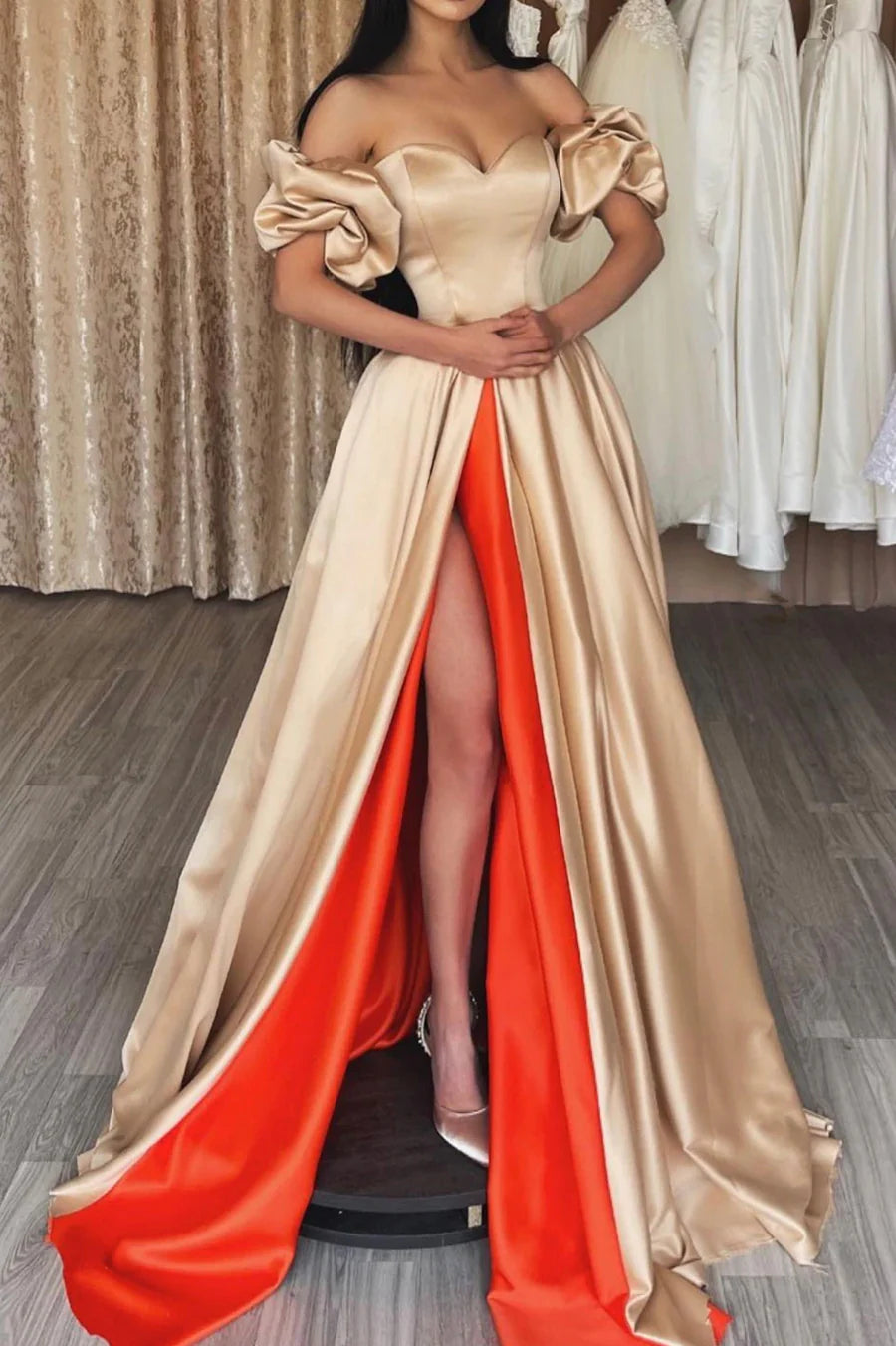 A-Line Off The Shoulder Chic Satin High Split Prom Dress Long Party Dress