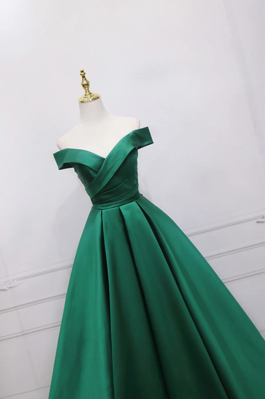 Dark Green Satin Off the Shoulder Floor Length Long Prom Dress Evening Party Dress