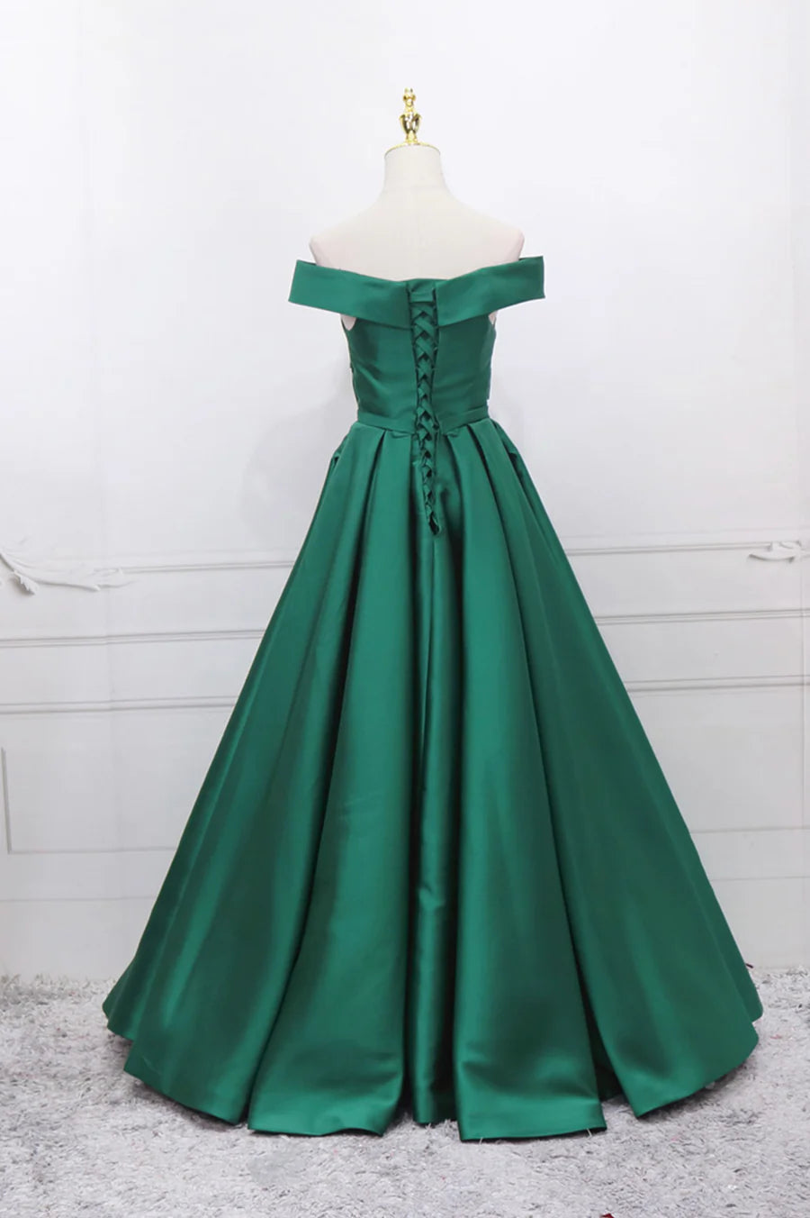 Dark Green Satin Off the Shoulder Floor Length Long Prom Dress Evening Party Dress