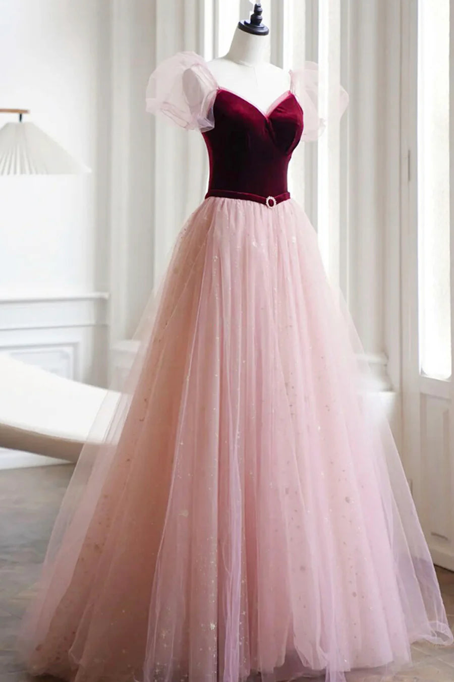 A-Line V Neck Floor Length Velvet Tulle Lovely Party Dress Prom Dress Lovely Party Dress