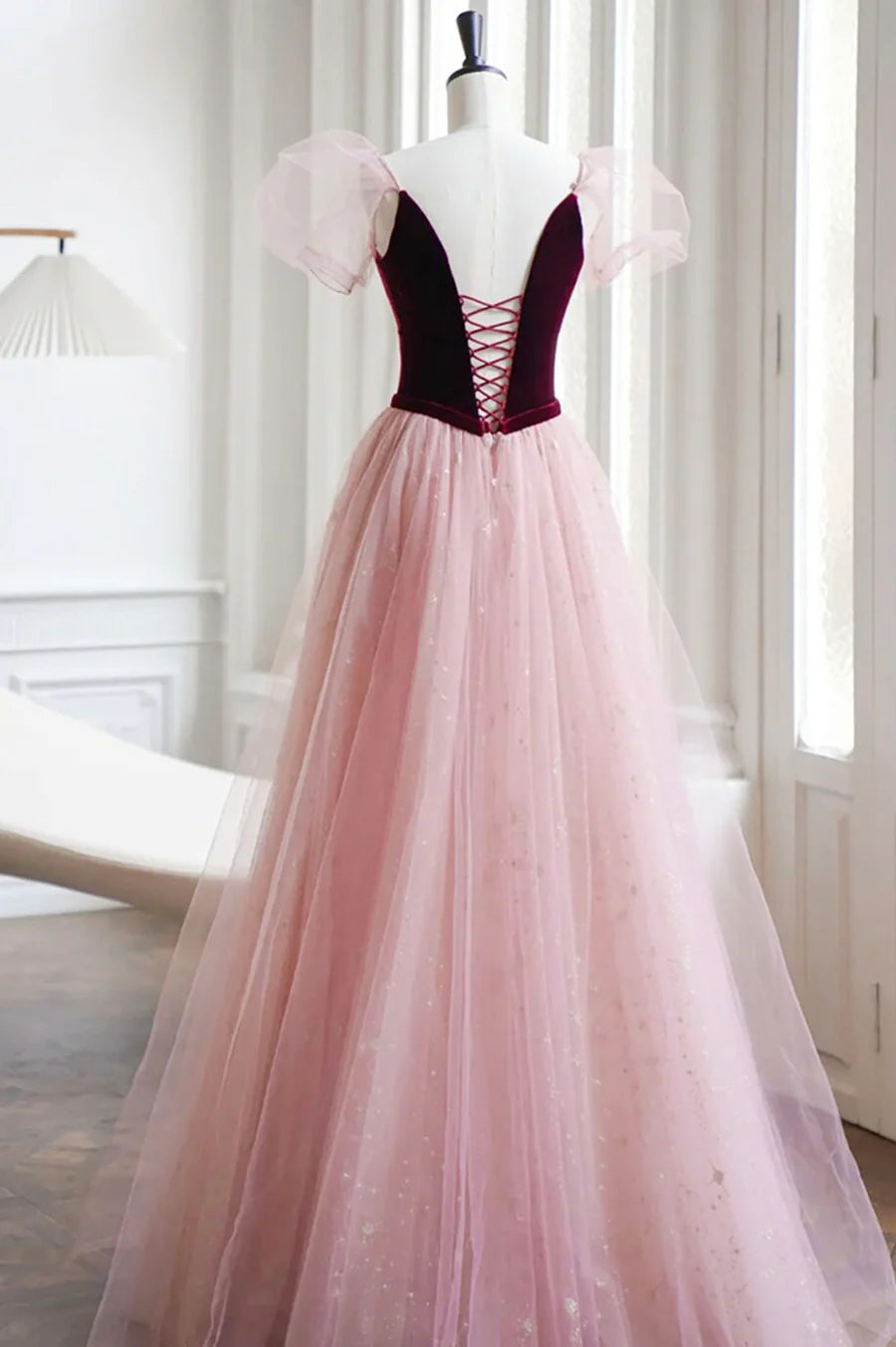 A-Line V Neck Floor Length Velvet Tulle Lovely Party Dress Prom Dress Lovely Party Dress