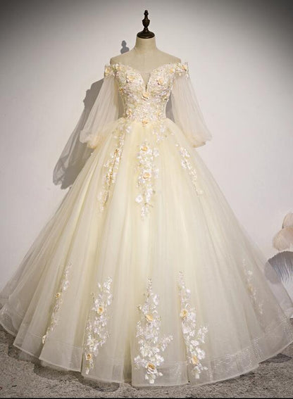 Ball Gown Quinceanera Dresses Princess Dress Charming Beautiful Ivory Tulle Long Sleeves Floral Sweet 16 With Appliques