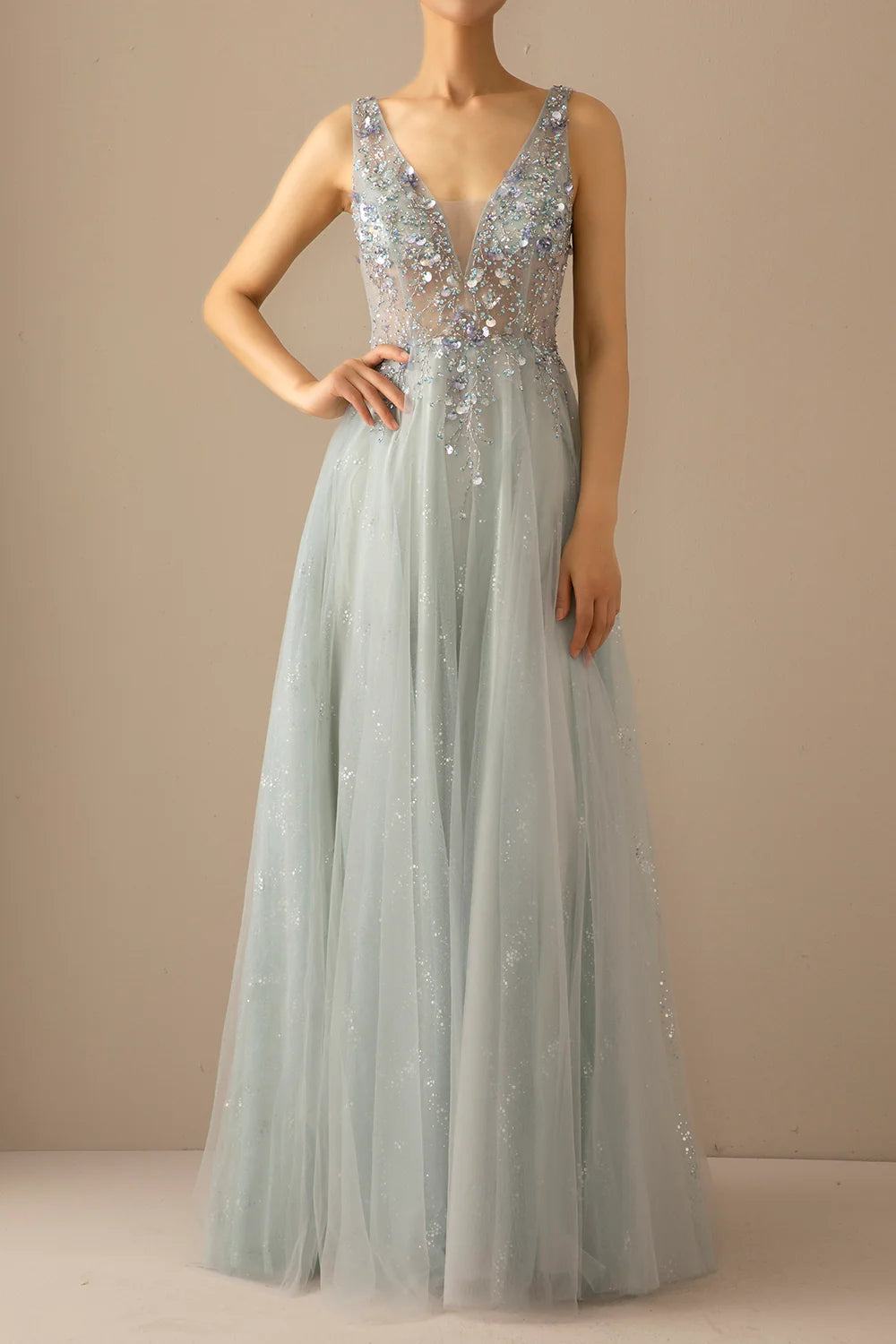 A Line V Neck Tulle Grey Blue Evening Dress With Sequins