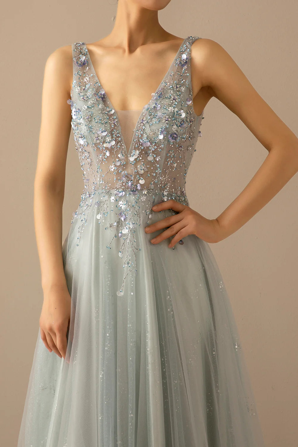 A Line V Neck Tulle Grey Blue Evening Dress With Sequins
