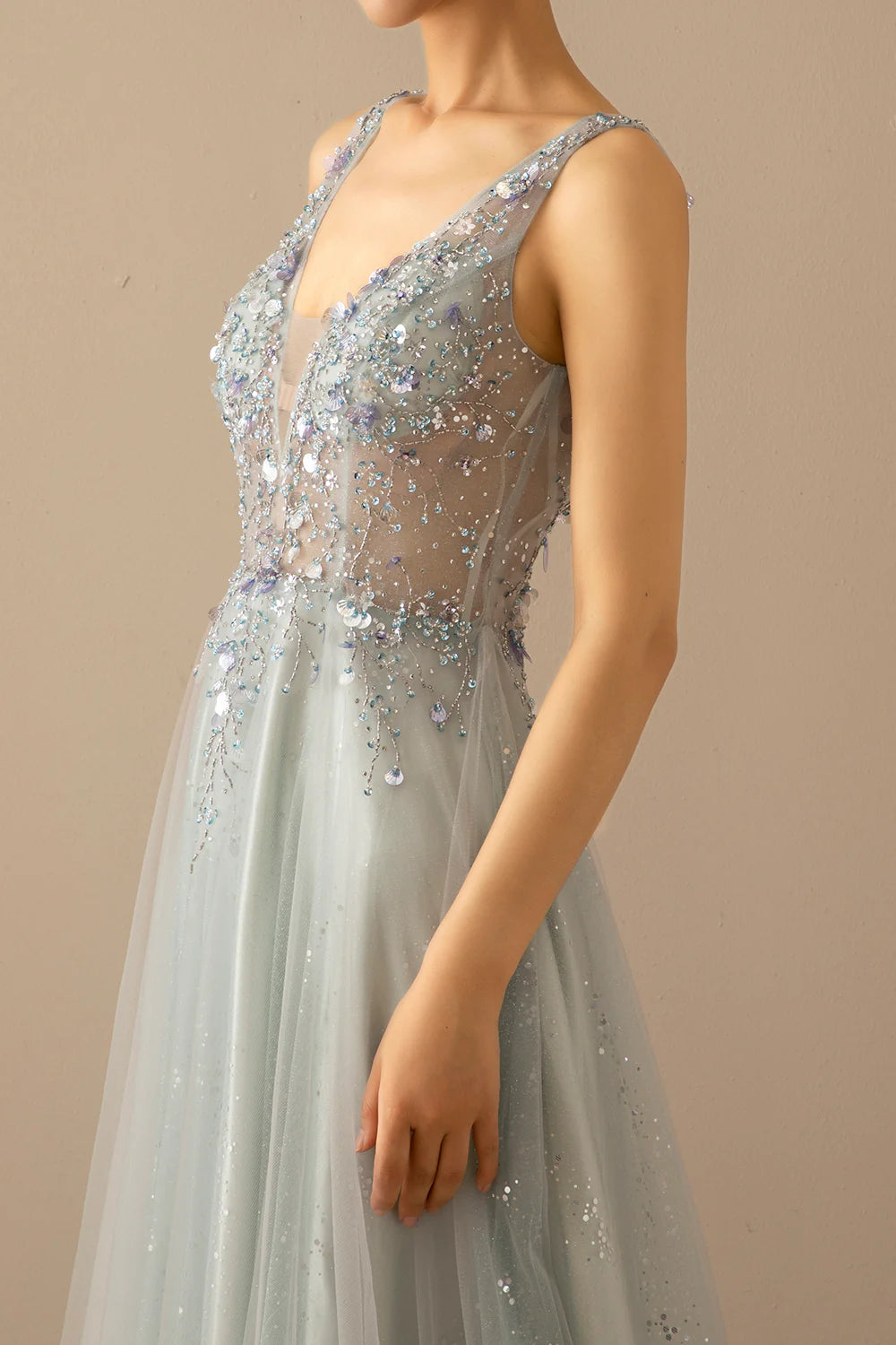 A Line V Neck Tulle Grey Blue Evening Dress With Sequins