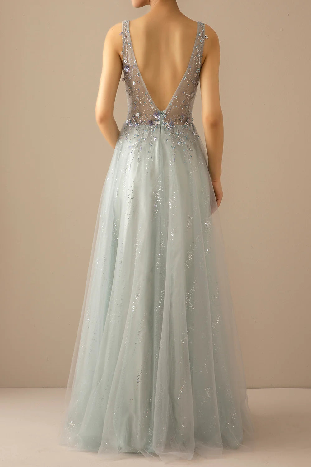 A Line V Neck Tulle Grey Blue Evening Dress With Sequins