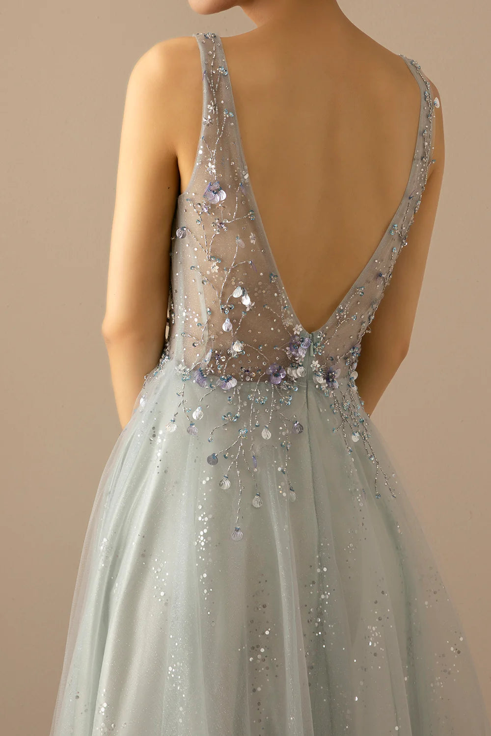 A Line V Neck Tulle Grey Blue Evening Dress With Sequins