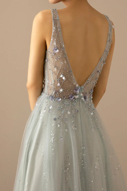 A Line V Neck Tulle Grey Blue Evening Dress With Sequins