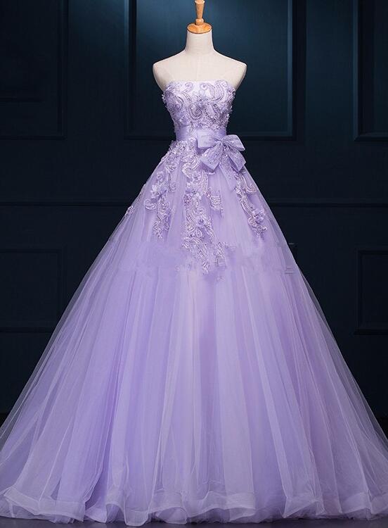 Ball Gown Quinceanera Dresses Strapless Tulle Beaded Sweet 16 Formal Gowns With Appliques/Bows