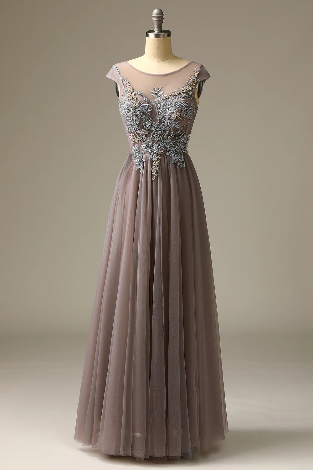 A Line Tulle Long Beading Prom Dress With Appliques