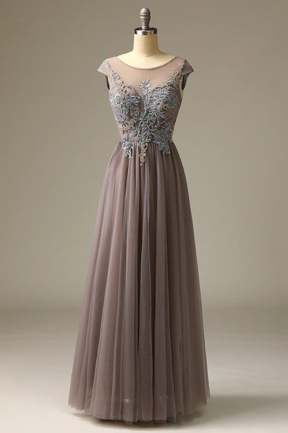 A Line Tulle Long Beading Prom Dress With Appliques