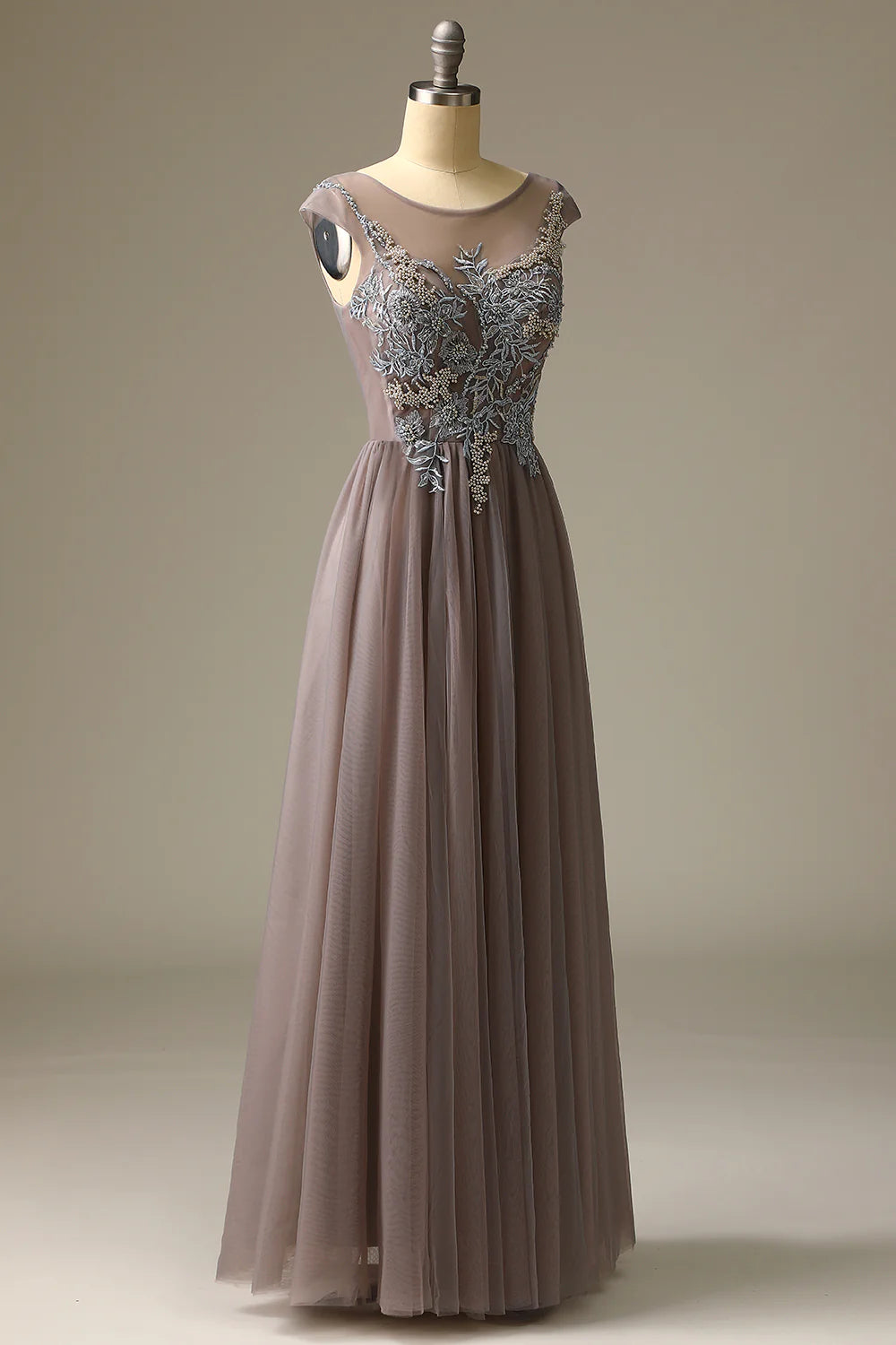 A Line Tulle Long Beading Prom Dress With Appliques