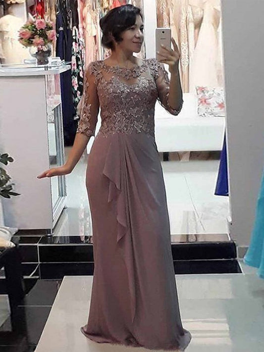 Sheath/Column Chiffon  Scoop 1/2 Sleeves Floor-Length Mother of the Bride Dresses With Applique