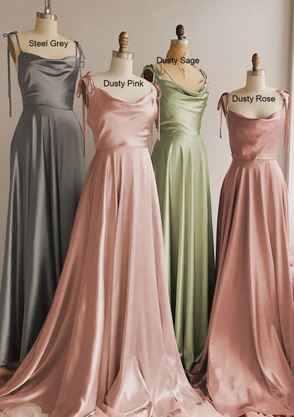 A-line Cowl Neck Spaghetti Straps Long Charmeuse Bridesmaid Dress With Slit