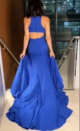 Sheath/Column Stretch Crepe Halter Sleeveless Ruffles Sweep/Brush Train Party Dresses Formal Dresses