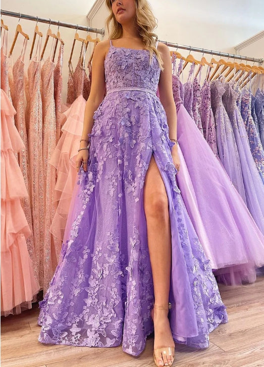 A Line Spaghetti Straps Sweetheart Lace Appliques Long Evening Dresses With Slit