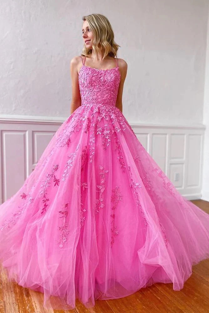 A Line Spaghetti Straps Scoop Neck Hot Pink Tulle Long Prom Dresses with Appliques Beautiful