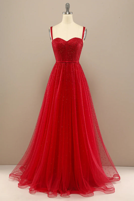 Spaghetti Straps Sweetheart Tulle Prom Dress with Beading