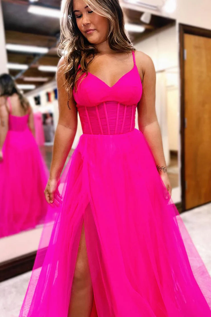 A Line Spaghetti Straps Sweetheart Pink Tulle Prom Dress with Slit