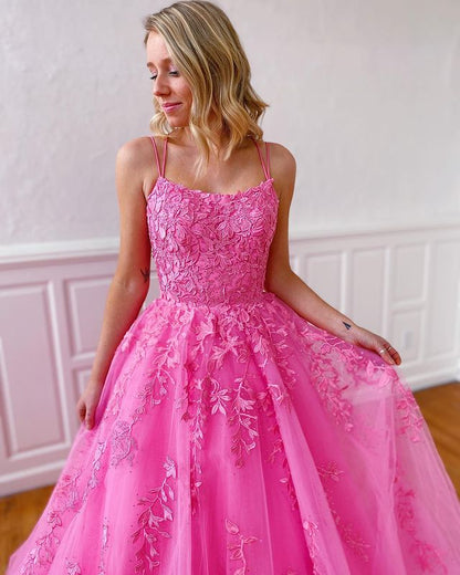 Spaghetti Straps Scoop Neck Hot Pink Tulle Prom Dresses with Appliques Beautiful