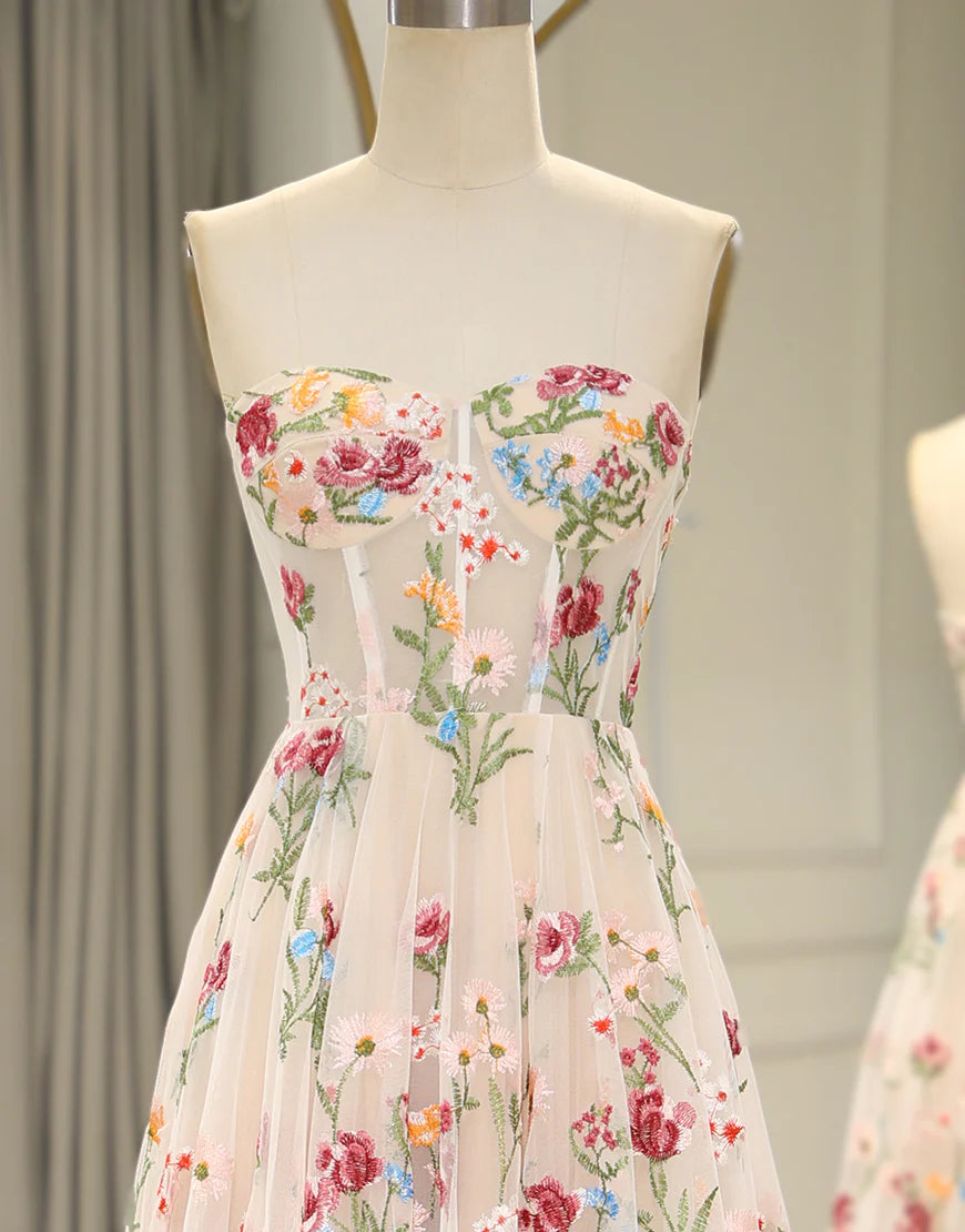 Strapless Flower Tulle Sweetheart Long Corset Prom Dress